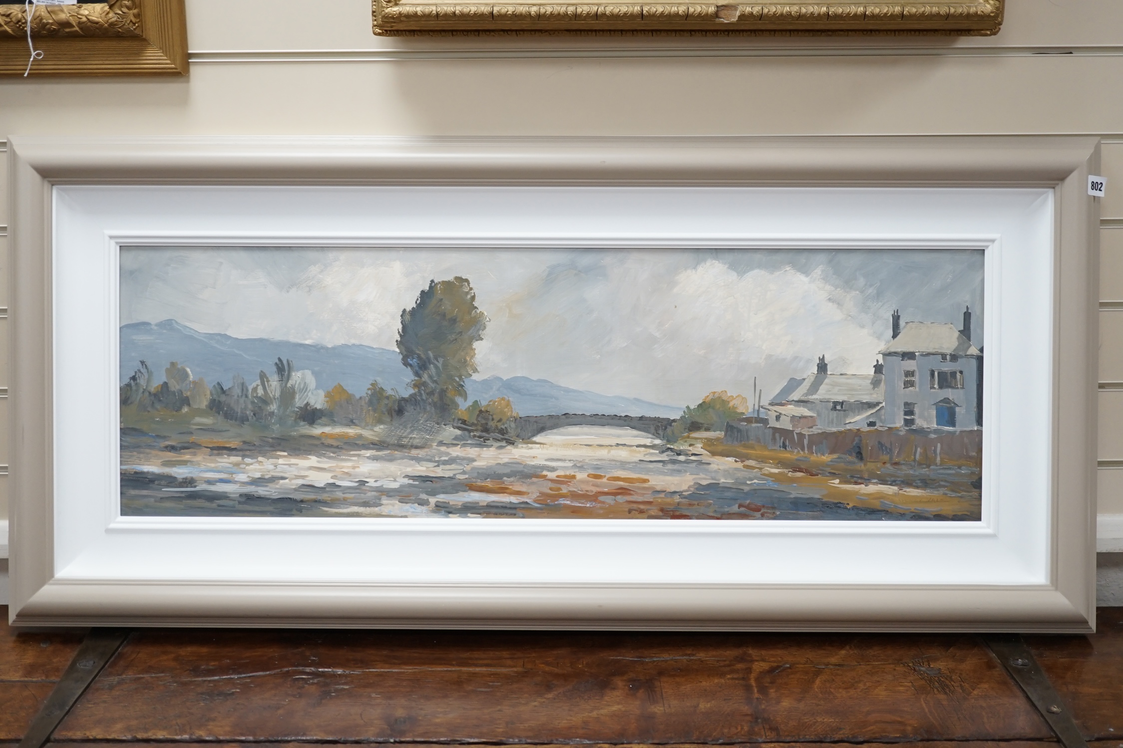 Sydney Vale (1916-1991), oil on board, Bridge over a river, signed, 32 x 100cm. Condition - good